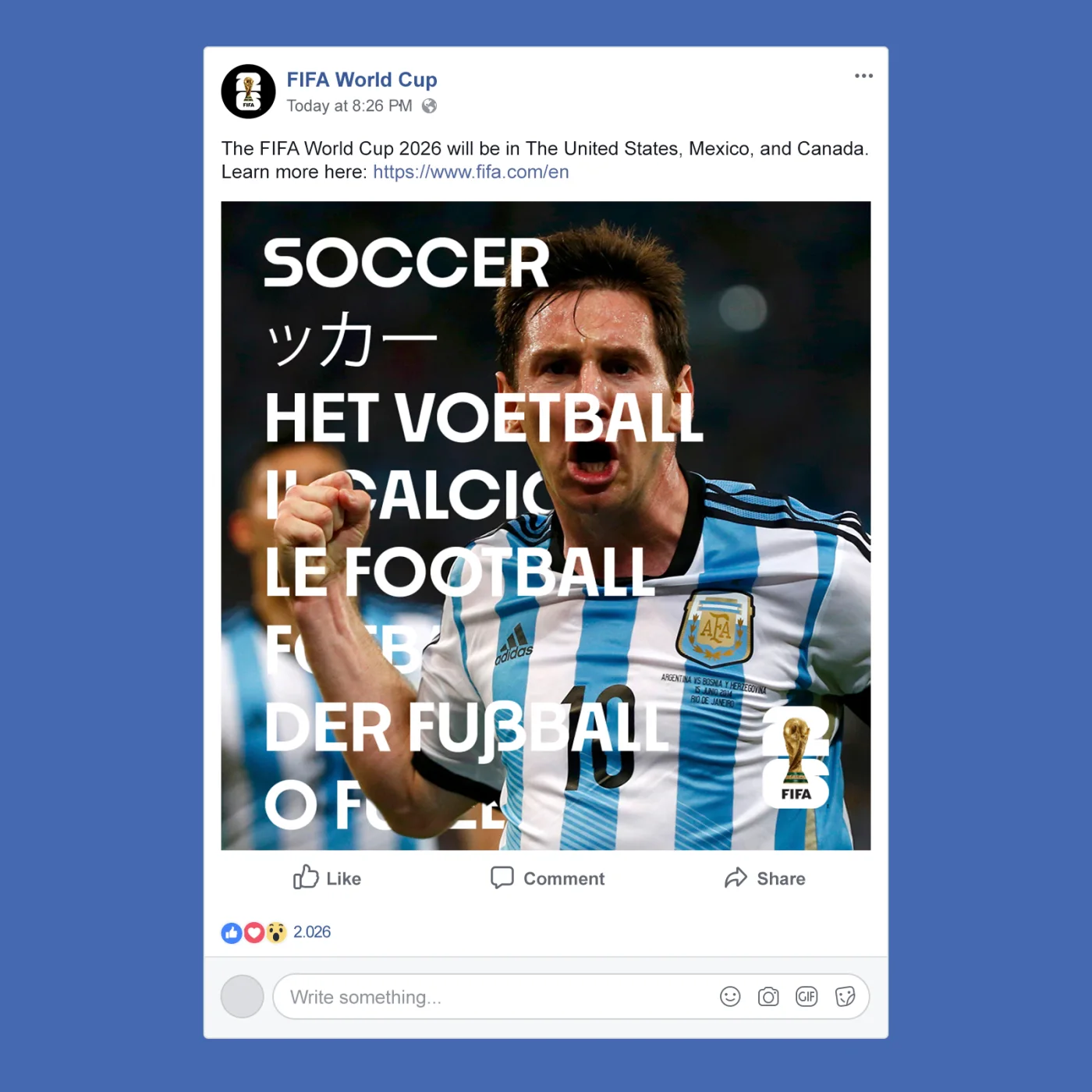 Facebook ad: Messi celebrating over the word "soccer" translated into seven languages, announcing the 2026 World Cup host countries