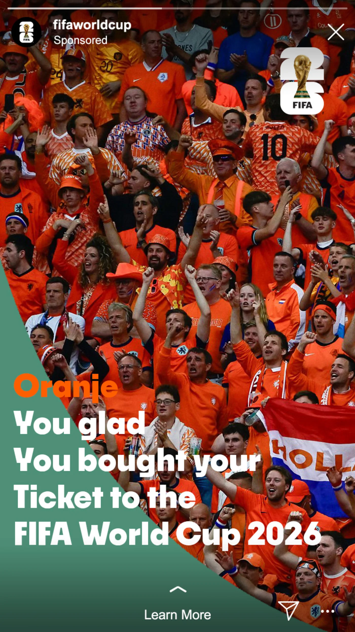 Instagram Story ad: a sea of orange-clad Dutch fans with copy congratulating them on their 2026 World Cup ticket