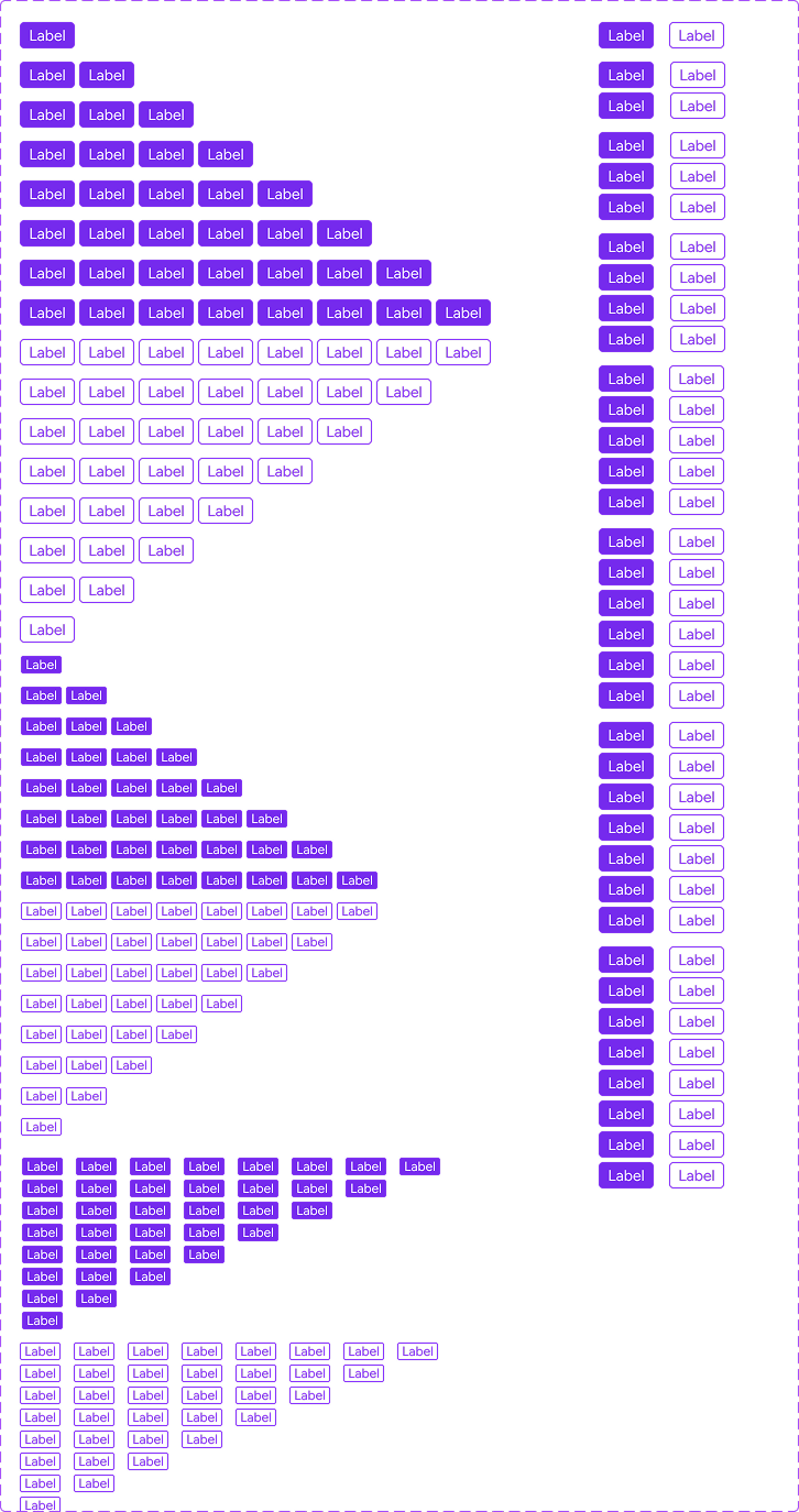 A selection of LabelGroup variants — filled and outline styles holding one through several labels, in horizontal and vertical orientations.