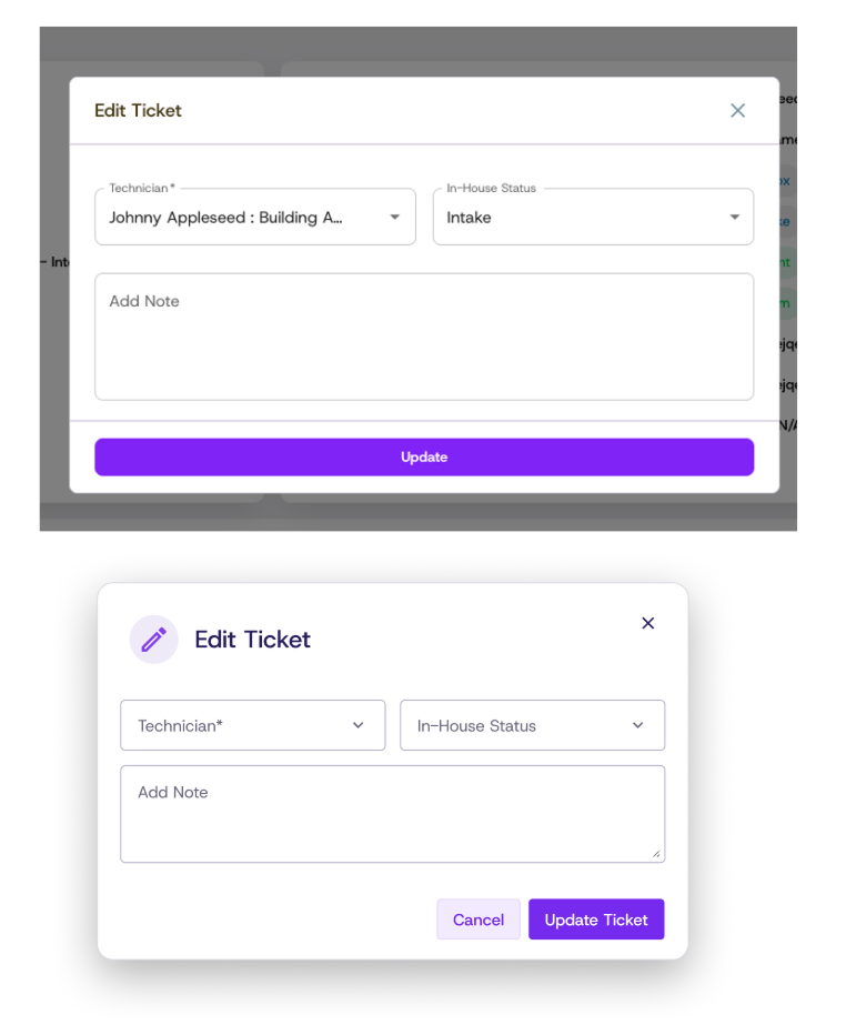 The Edit Ticket modal before and after the redesign. Before: a plain header and a single full-width purple Update button. After: an icon-badged header, cleaner fields, and a Cancel and Update Ticket button pair.