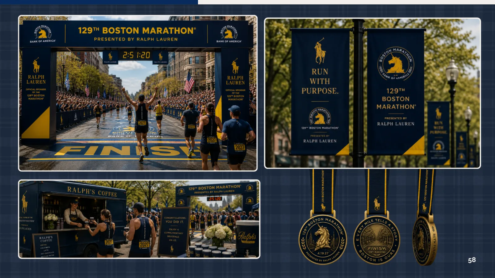 Mockups of Ralph Lauren banners, finish line and medals at the Boston Marathon