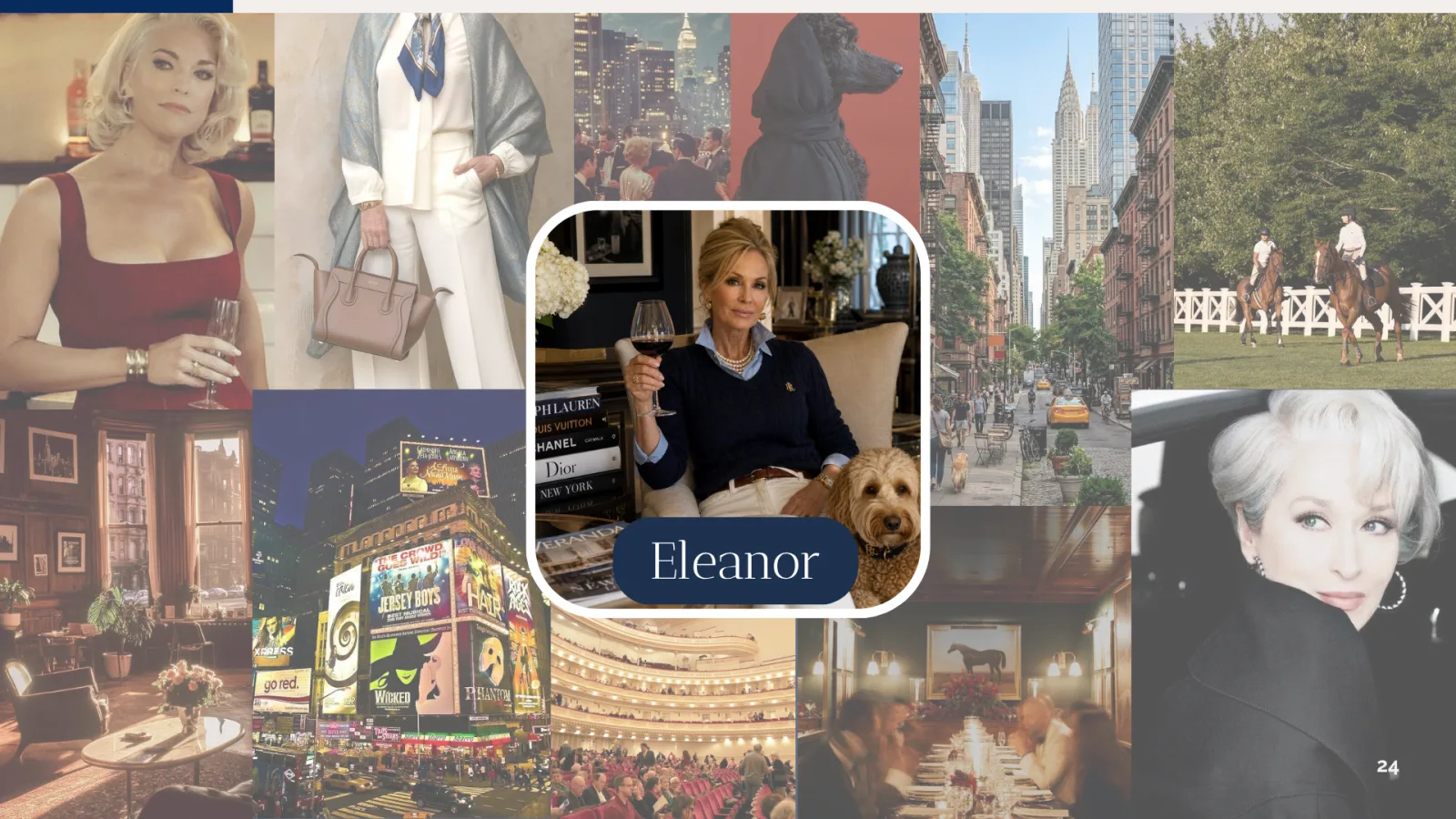 Eleanor's moodboard: New York streets, Broadway, a dog and classic fashion around her portrait