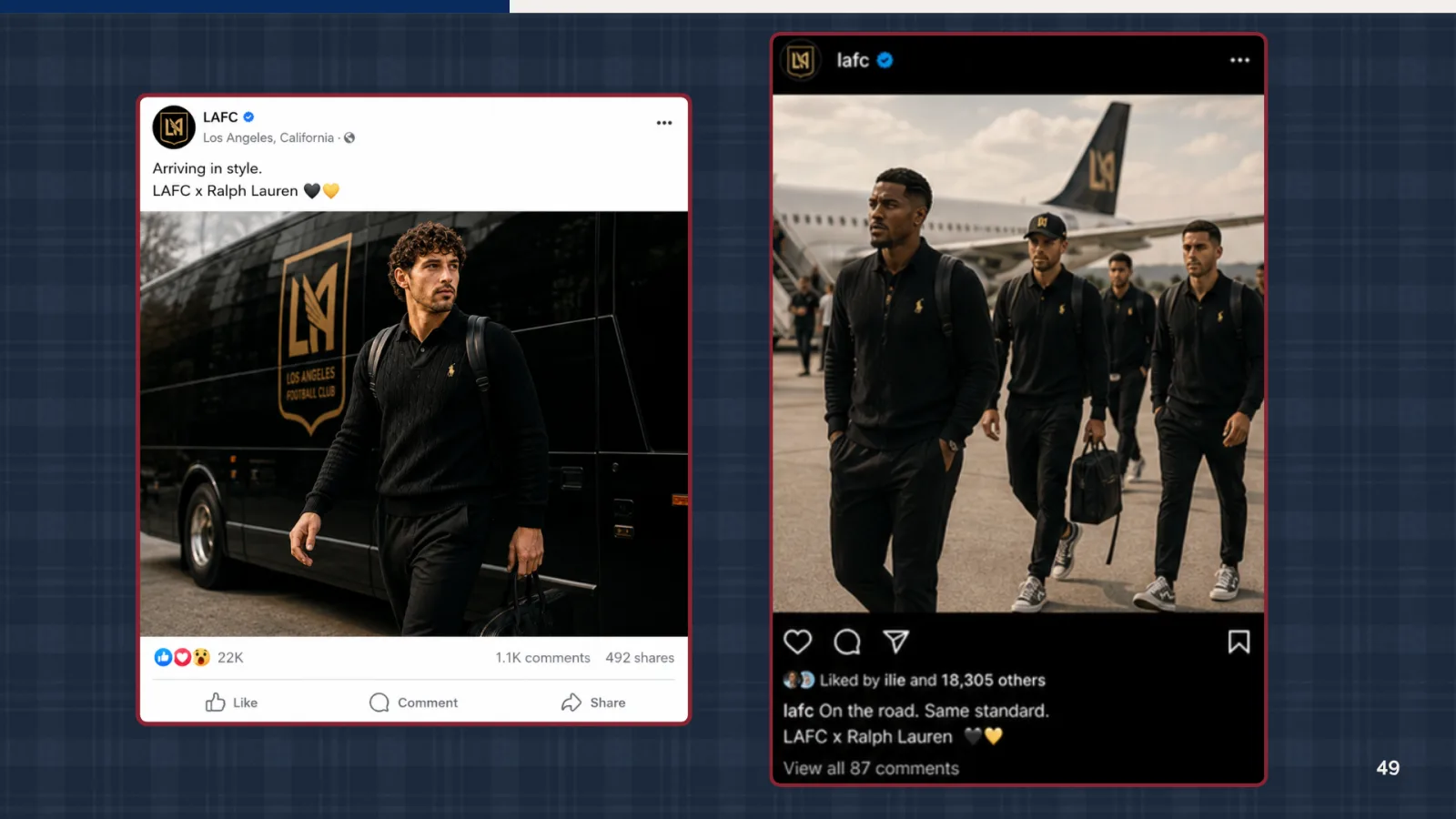Mock social posts of LAFC players arriving in Ralph Lauren