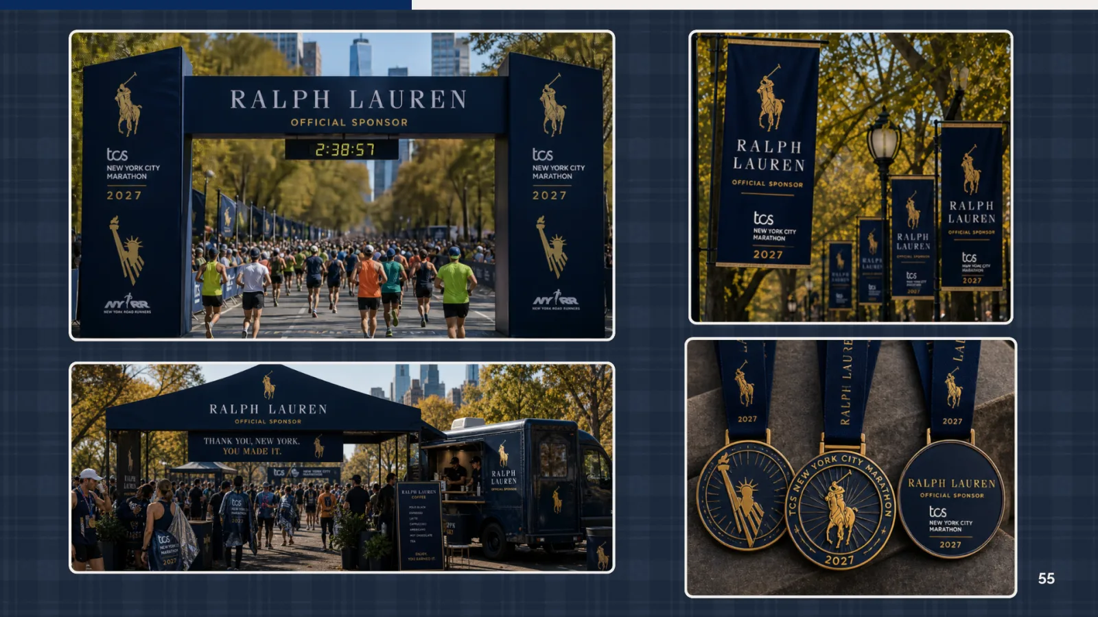 Mockups of Ralph Lauren banners, finish arch and medals at the New York City Marathon