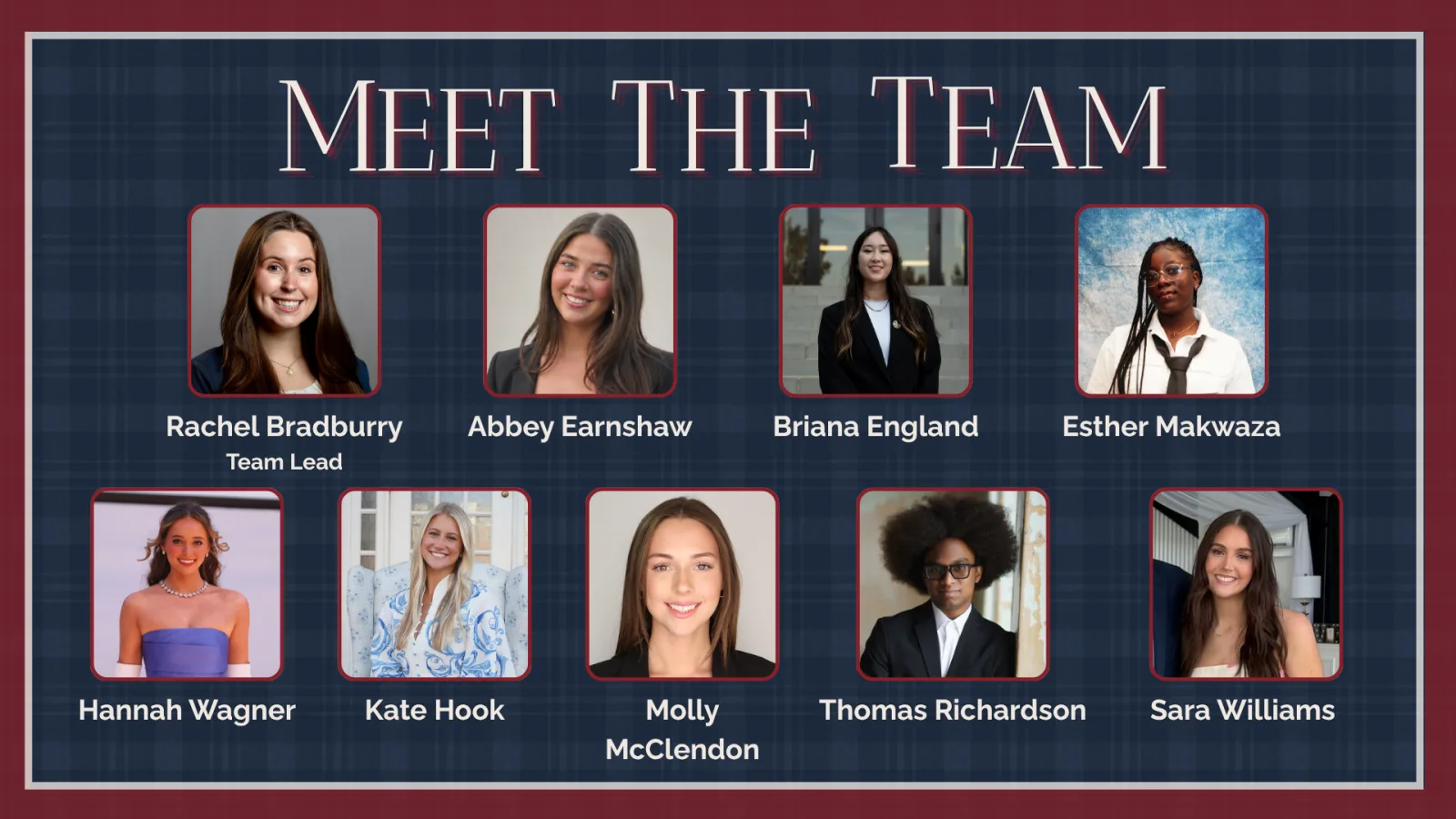 Meet the Team slide: the ten members of Crimson & Canter